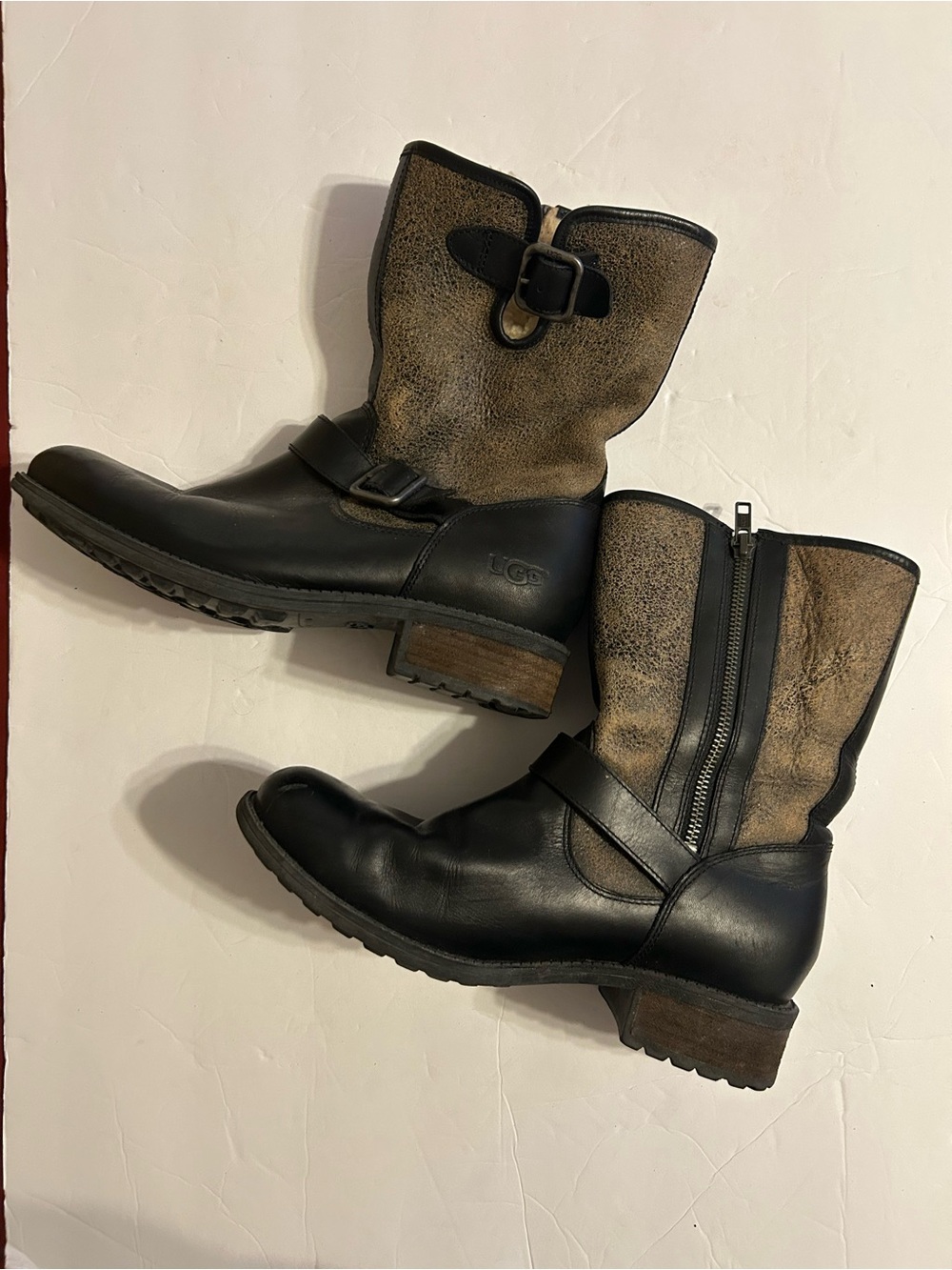 UGG Black Leather & Taupe Suede Mid-Calf Buckle Boots